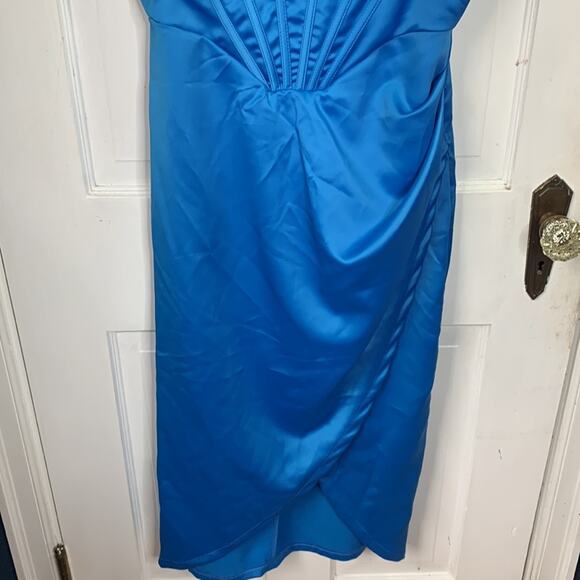 Style of CB V-neck Blue Sleeveless Side Split Ruched Midi Dress NEW W-675 Sz M - Picture 7 of 14